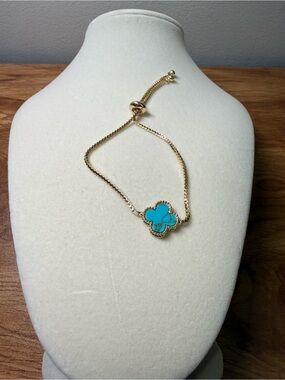 18k Gold Filled Adjustable Bracelet with Turquoise Clover Pendant